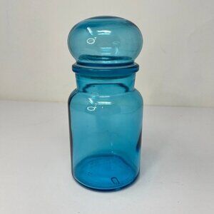 Vintage Belgium Blue Glass Apothecary Canister Bubble Top Lid Jar 7" Retro MCM